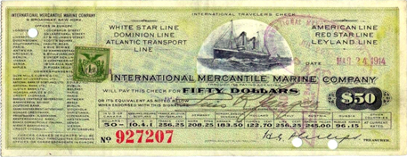 International Mercantile Marine Travelers Check 1914